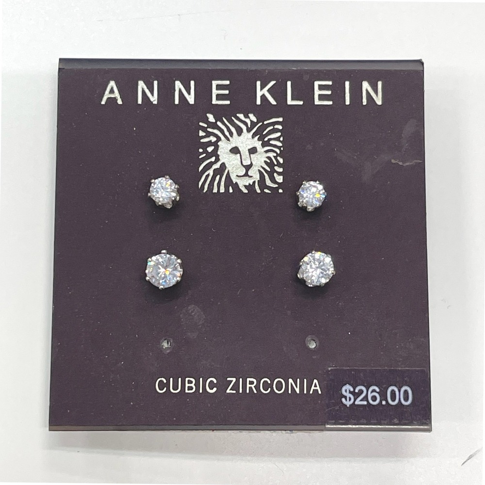 Anne Klein Cubic Zirconia Stud‎ Earring Set Silver Tone Round 2 Pairs